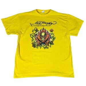 y2k 2000s style Ed Hardy Christian Audigier yellow tshirt Large reprint indie